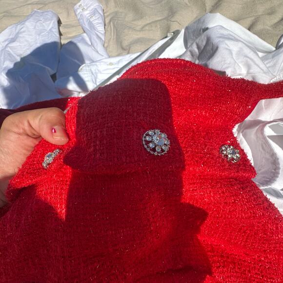 NWT Taylor Red Shimmer Tweed Holiday Dress Size 8 Gem Button Detail & Pockets - Picture 9 of 11